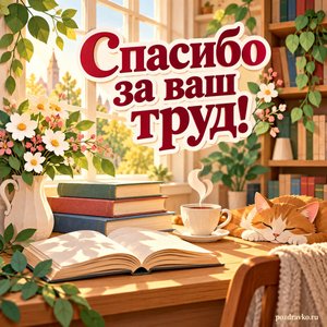 Общероссийский день библиотек — открытка «Спасибо за ваш труд!» с книгами на солнечном подоконнике