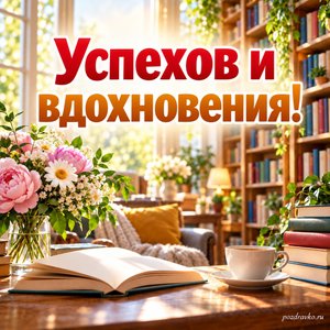 Общероссийский день библиотек — открытка «Успехов и вдохновения!» с уютным читальным залом