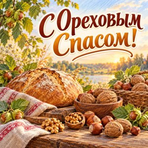 Ореховый Спас — открытка «С Ореховым Спасом!» с хлебом и орехами в тёплом свете