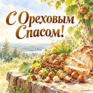 Ореховый Спас — открытка «С Ореховым Спасом!» с лесными орехами и свежим хлебом