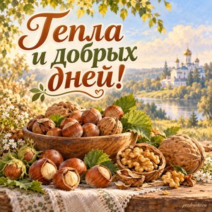 Ореховый Спас — открытка «Тепла и добрых дней!» с ореховым натюрмортом на фоне далёкого храма