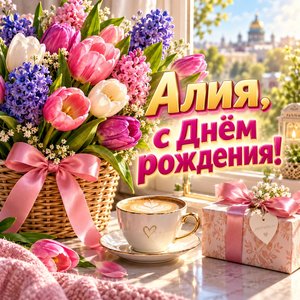 Открытка «Алия, с Днём рождения!» Алие с тюльпанами в корзине