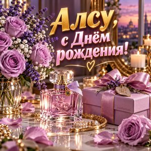 Открытка «Алсу, с Днём рождения!» Алсу с сиреневыми розами и духами