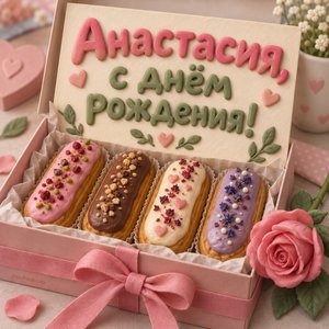 Открытка «Анастасия, с днём рождения!» Анастасии с эклерами и розой