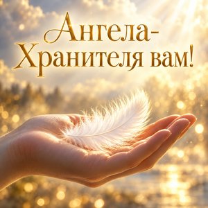 Открытка «Ангела-Хранителя вам!» с белым пером на ладони