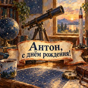Открытка «Антон, с днём рождения!» Антону с моделью ракеты