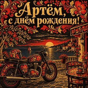 Открытка «Артём, с днём рождения!» Артёму с мотоциклом у моря