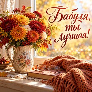 Открытка «Бабуля, ты лучшая!» с осенними хризантемами и очками