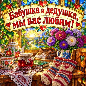 Открытка «Бабушка и дедушка, мы вас любим!» с вязаными носками и вареньем