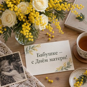 Открытка «Бабушке — с Днём матери!» с мимозой и розами