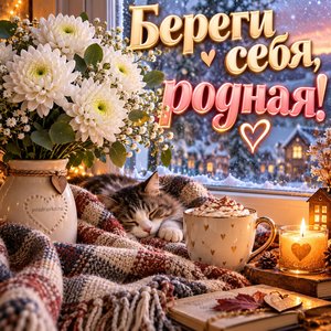 Открытка «Береги себя, родная!» с хризантемами и свечой
