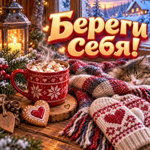 Открытка «Береги себя!» с шарфом и какао
