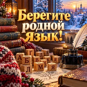 Открытка «Берегите родной язык!» с кубиками-буквами и пером