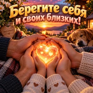 Открытка «Берегите себя и своих близких!» с сердцем в руках