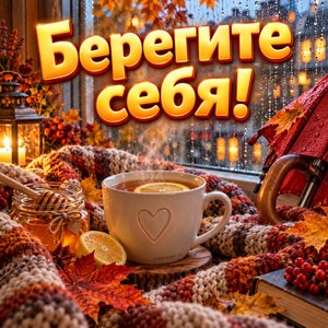 Открытка «Берегите себя!» с чаем у дождливого окна