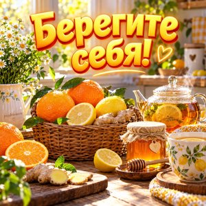 Открытка «Берегите себя!» с цитрусами и мёдом