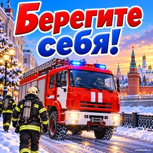 Открытка «Берегите себя!» с пожарной машиной