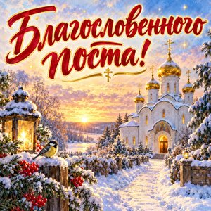 Открытка «Благословенного поста!» с храмом в первом снегу