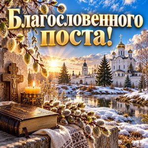 Открытка «Благословенного поста!» с монастырём и вербой