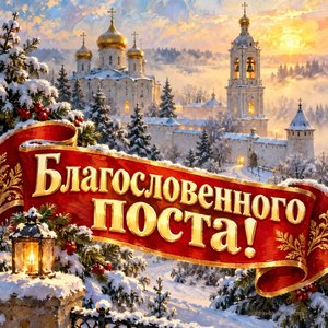 Открытка «Благословенного поста!» с монастырём в тумане