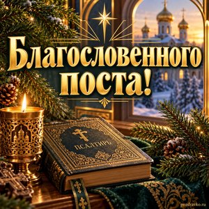 Открытка «Благословенного поста!» с ветками и книгой