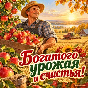 Открытка «Богатого урожая и счастья!» с фермером и спелыми яблоками при золотом солнечном свете