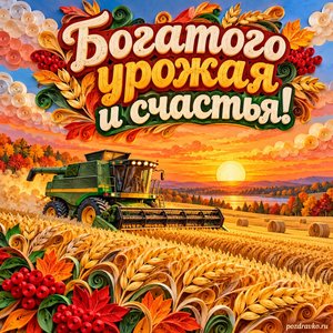 Открытка «Богатого урожая и счастья!» с комбайном на закате на фоне мягких осенних облаков