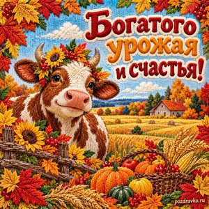 Открытка «Богатого урожая и счастья!» с коровкой на осеннем лугу в рамке из кленовых листьев