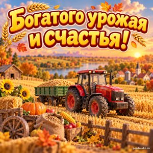 Открытка «Богатого урожая и счастья!» с трактором в золотом поле на фоне мягких осенних облаков