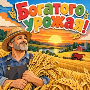 Открытка «Богатого урожая!» с колосьями в руках