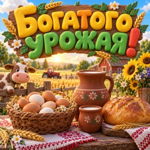 Открытка «Богатого урожая!» с молоком и яйцами