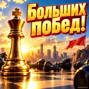 Открытка «Больших побед!» с шахматным королём