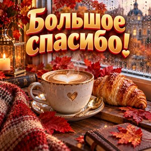 Открытка «Большое спасибо!» с кофе и листьями