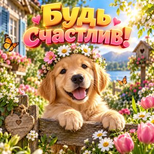 Открытка «Будь счастлив!» со щенком в саду