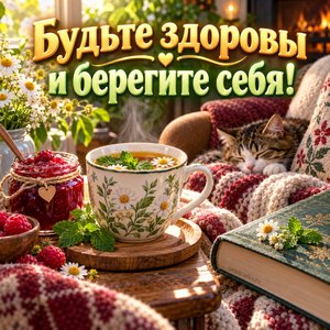 Открытка «Будьте здоровы и берегите себя!» с травяным чаем и малиной