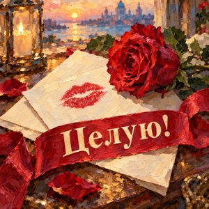 Открытка «Целую!» с поцелуем на письме