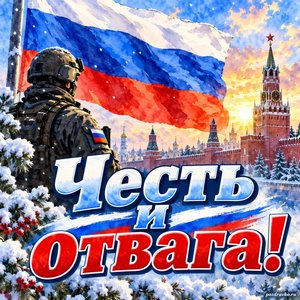 Открытка «Честь и отвага!» с флагом в снегу