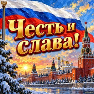 Открытка «Честь и слава!» с флагом над Кремлём