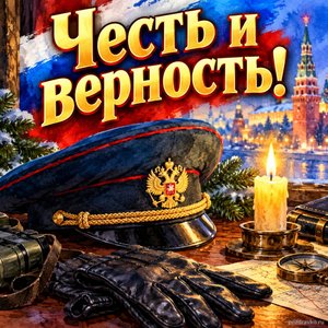 Открытка «Честь и верность!» с фуражкой и свечой