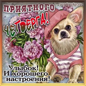 Открытка приятного четверга с собачкой и букетом цветов