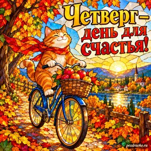 Открытка «Четверг — день для счастья!» с котом на велосипеде