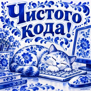 Открытка «Чистого кода!» с котом на клавиатуре