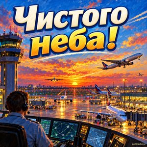 Открытка «Чистого неба!» с аэропортом в сумерках