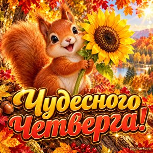 Открытка «Чудесного четверга!» с белкой и подсолнухом