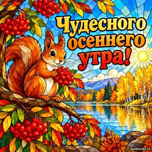 Открытка «Чудесного осеннего утра!» с белкой и рябиной у озера