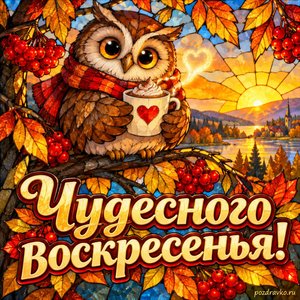 Открытка «Чудесного воскресенья!» с совой и какао