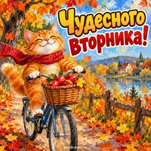 Открытка «Чудесного вторника!» с котом на велосипеде