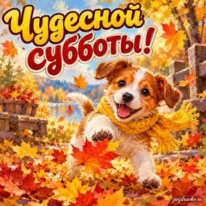 Открытка «Чудесной субботы!» со щенком в жёлтом шарфе