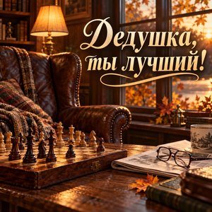 Открытка «Дедушка, ты лучший!» с шахматами и креслом