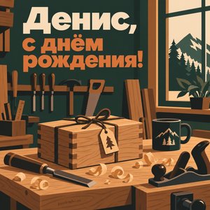 Открытка «Денис, с днём рождения!» Денису с мастерской